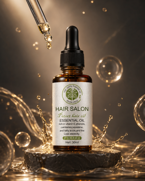 Hair salon essential oil bottle with dropper on a dark background