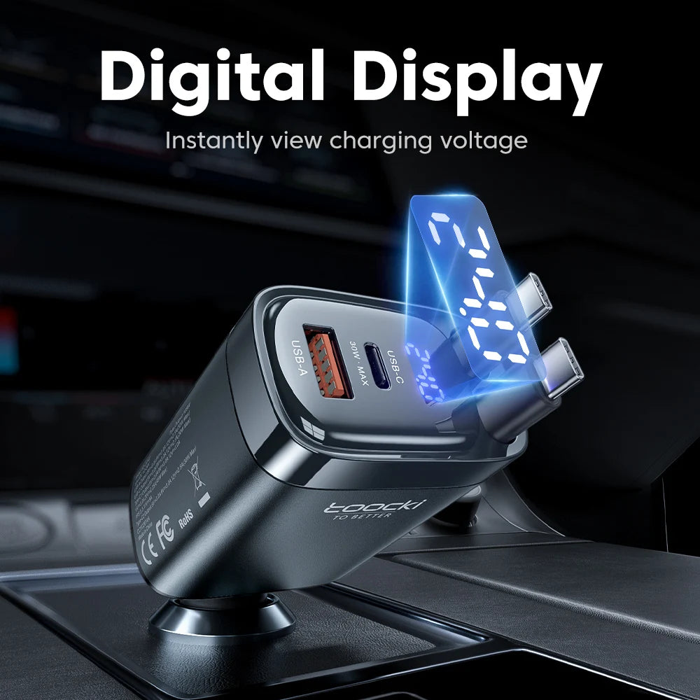 Toocki 105W Car Charger USB C Retractable Cable 0.75m PD 45W QC 3.0 SCP SFC2.0 PPS Fast Charging for iPhone 17 16 Samsung Tablet