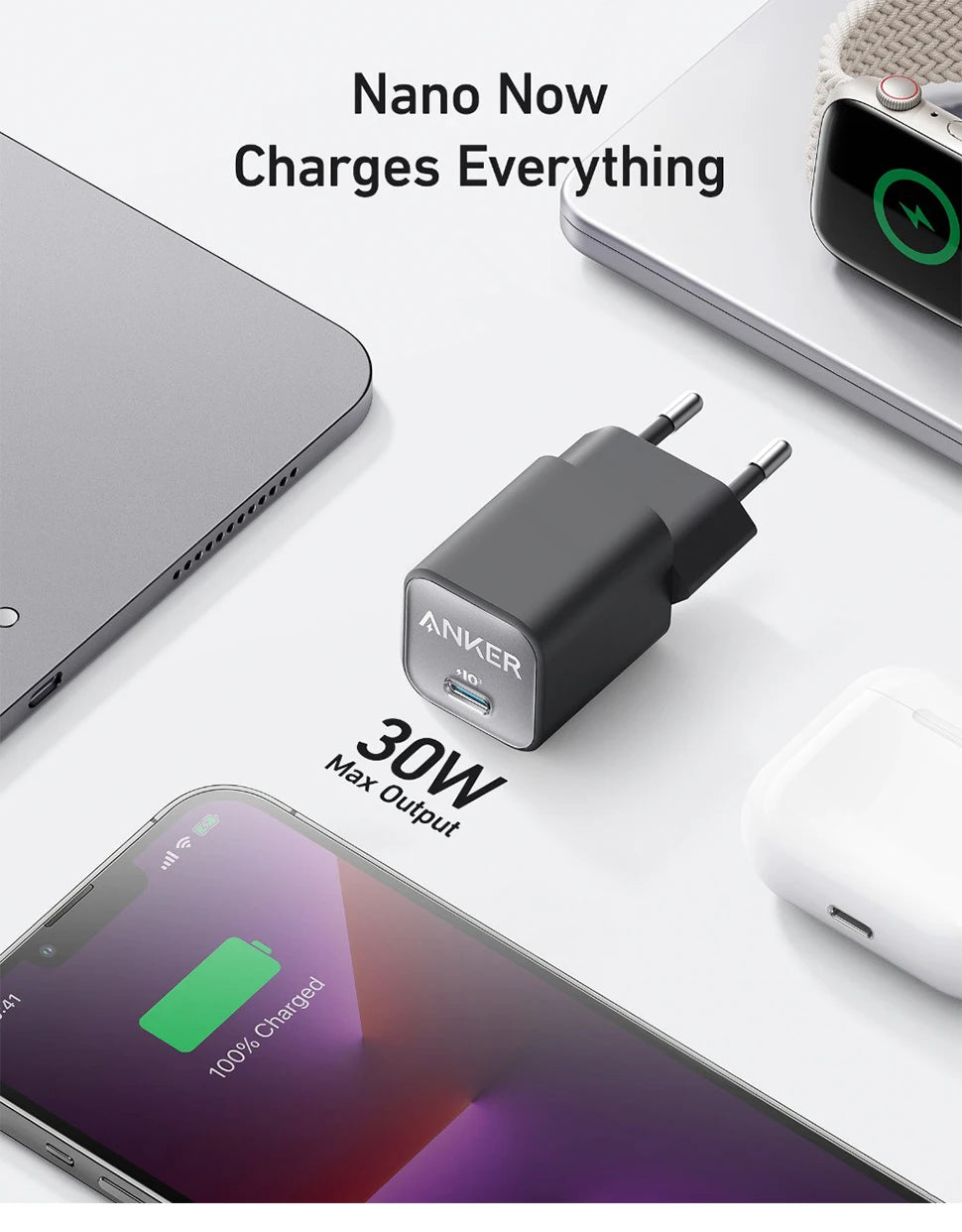 Anker Cargador USB C GAN 30 W, Cargador iPhone 511 (Nano 3), Cargadorrápido PIQ 3.0 PPS, Compatiblecon iPhone 16/16 Plus Pro