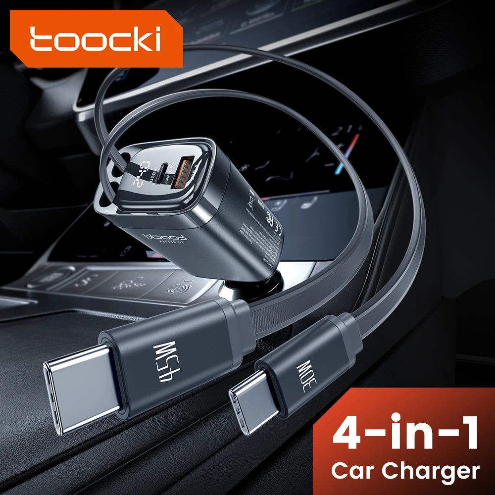 Toocki 105W Car Charger USB C Retractable Cable 0.75m PD 45W QC 3.0 SCP SFC2.0 PPS Fast Charging for iPhone 17 16 Samsung Tablet