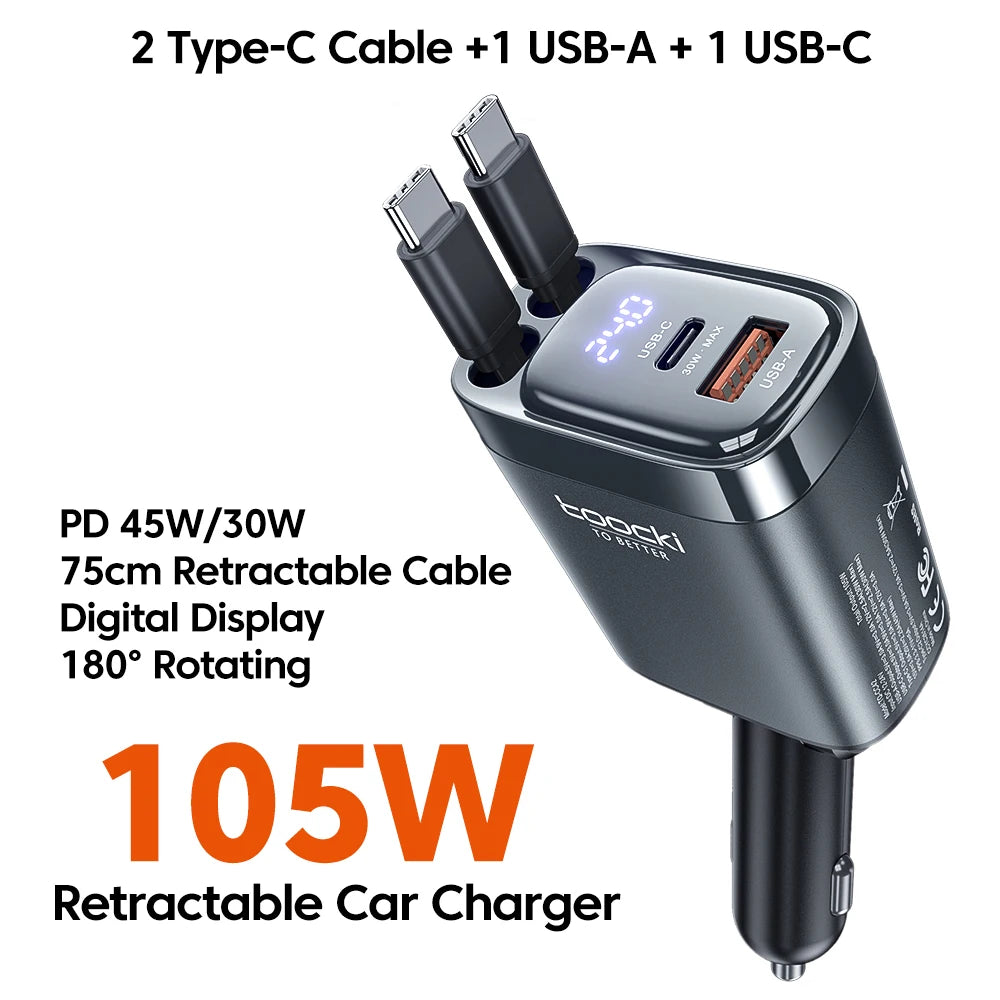 Toocki 105W Car Charger USB C Retractable Cable 0.75m PD 45W QC 3.0 SCP SFC2.0 PPS Fast Charging for iPhone 17 16 Samsung Tablet