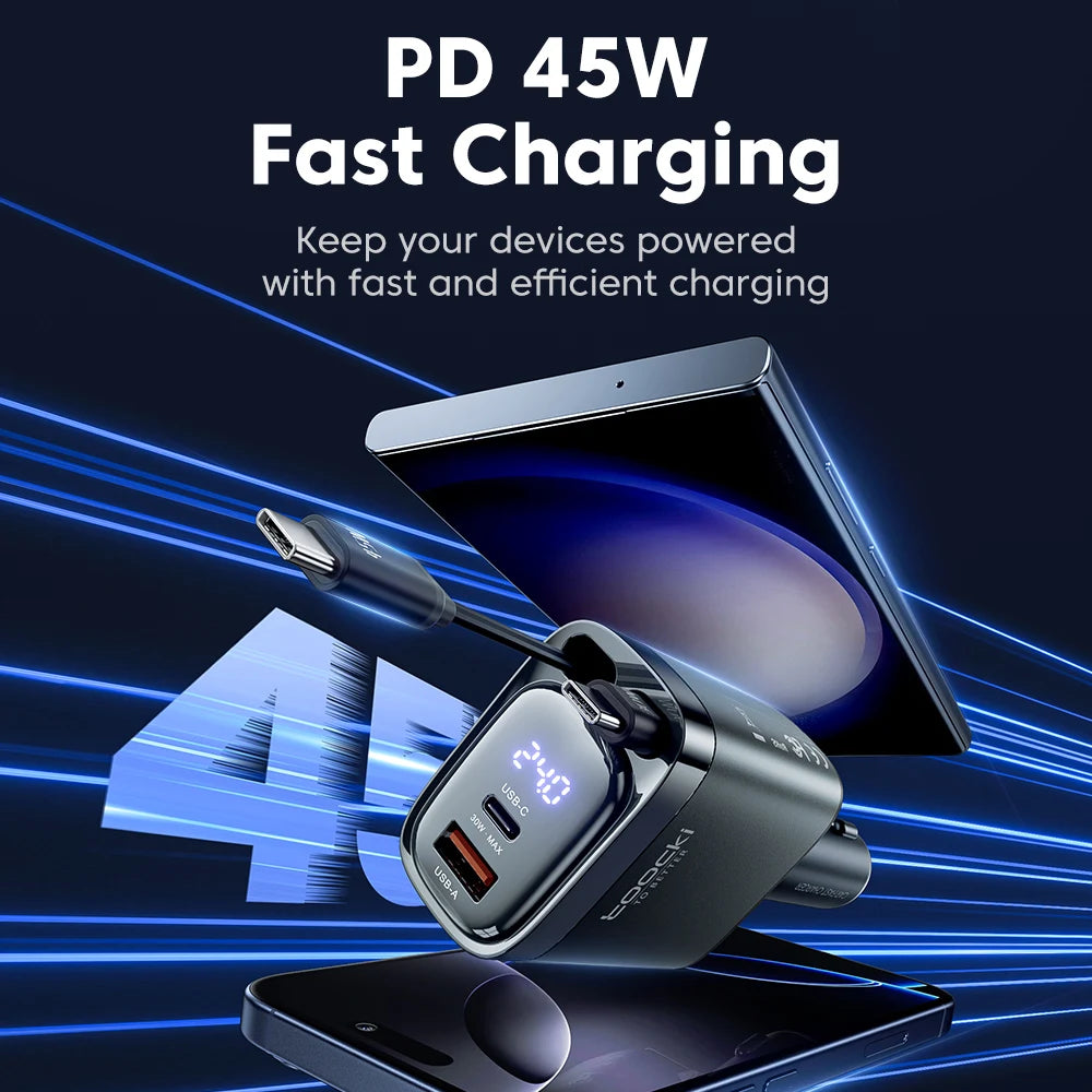 Toocki 105W Car Charger USB C Retractable Cable 0.75m PD 45W QC 3.0 SCP SFC2.0 PPS Fast Charging for iPhone 17 16 Samsung Tablet