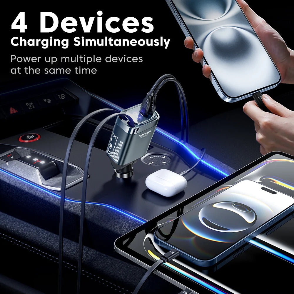 Toocki 105W Car Charger USB C Retractable Cable 0.75m PD 45W QC 3.0 SCP SFC2.0 PPS Fast Charging for iPhone 17 16 Samsung Tablet