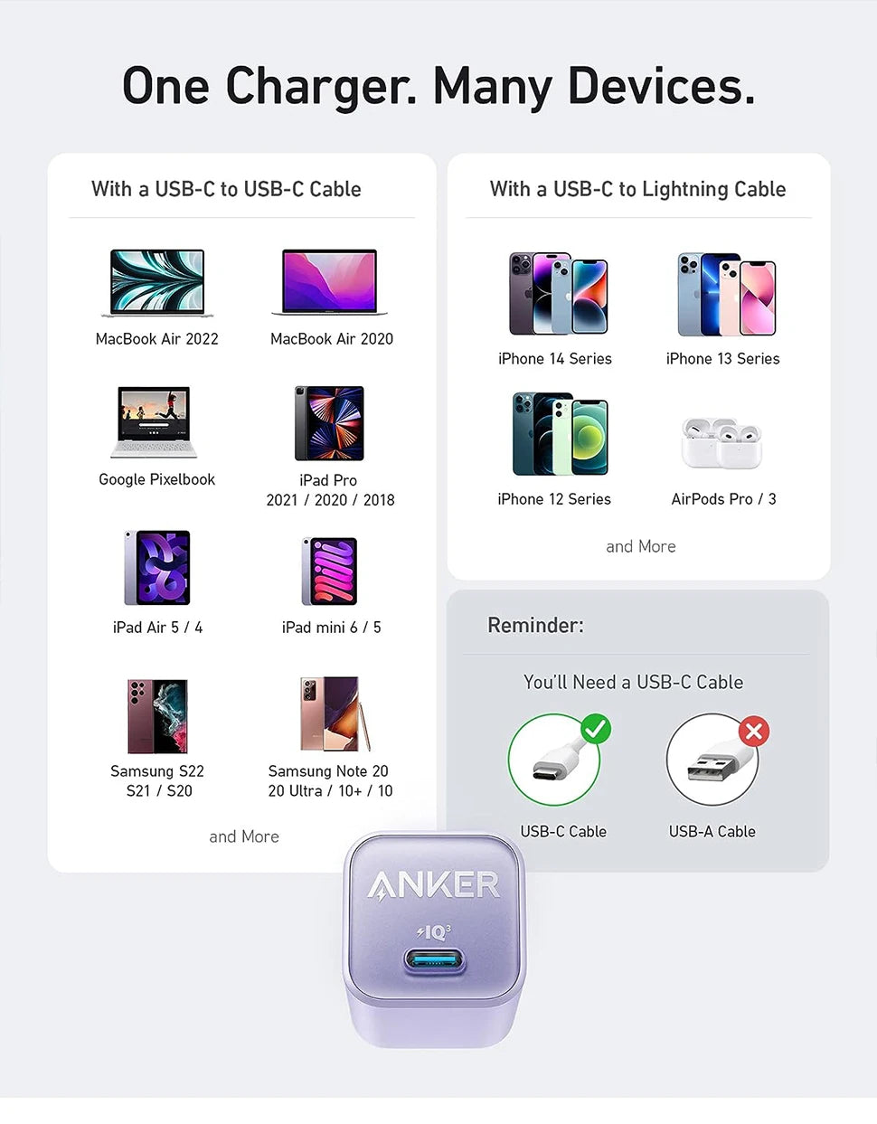 Anker Cargador USB C GAN 30 W, Cargador iPhone 511 (Nano 3), Cargadorrápido PIQ 3.0 PPS, Compatiblecon iPhone 16/16 Plus Pro