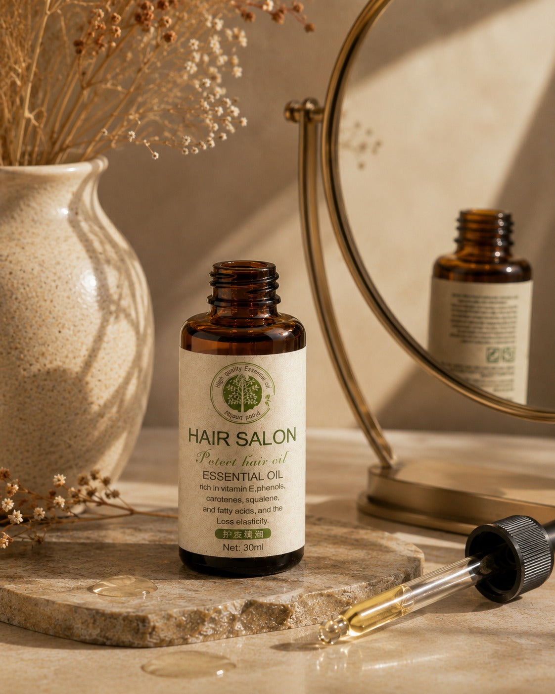 Hair salon essential oil bottle with dropper on a wooden surface, surrounded by decorative elements.