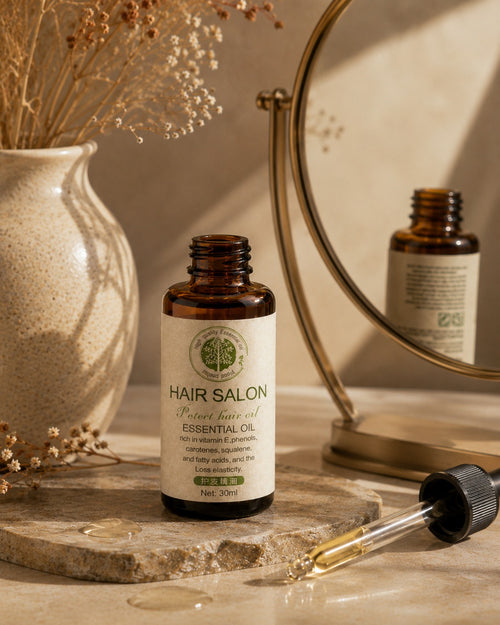 Hair salon essential oil bottle with dropper on a wooden surface, surrounded by decorative elements.