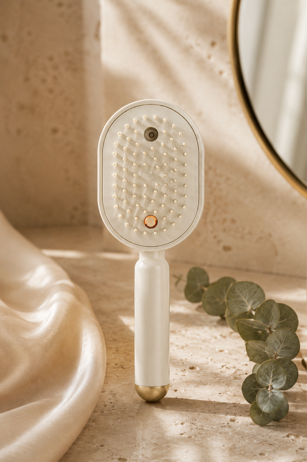 White handheld showerhead with gold base on a wooden surface with a blurred background