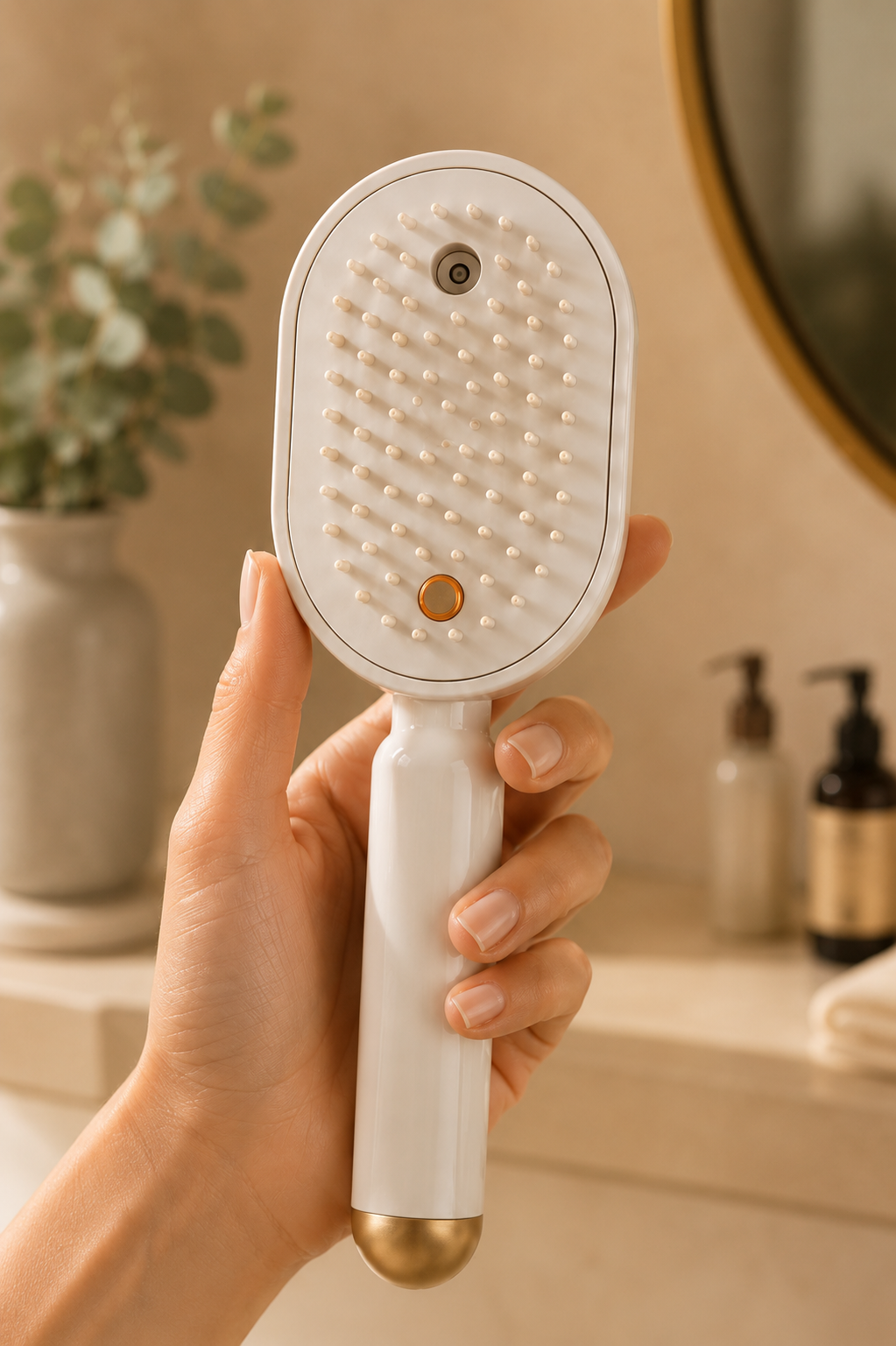 Hand holding a white and gold hairbrush with a blurred background of a bathroom setting.